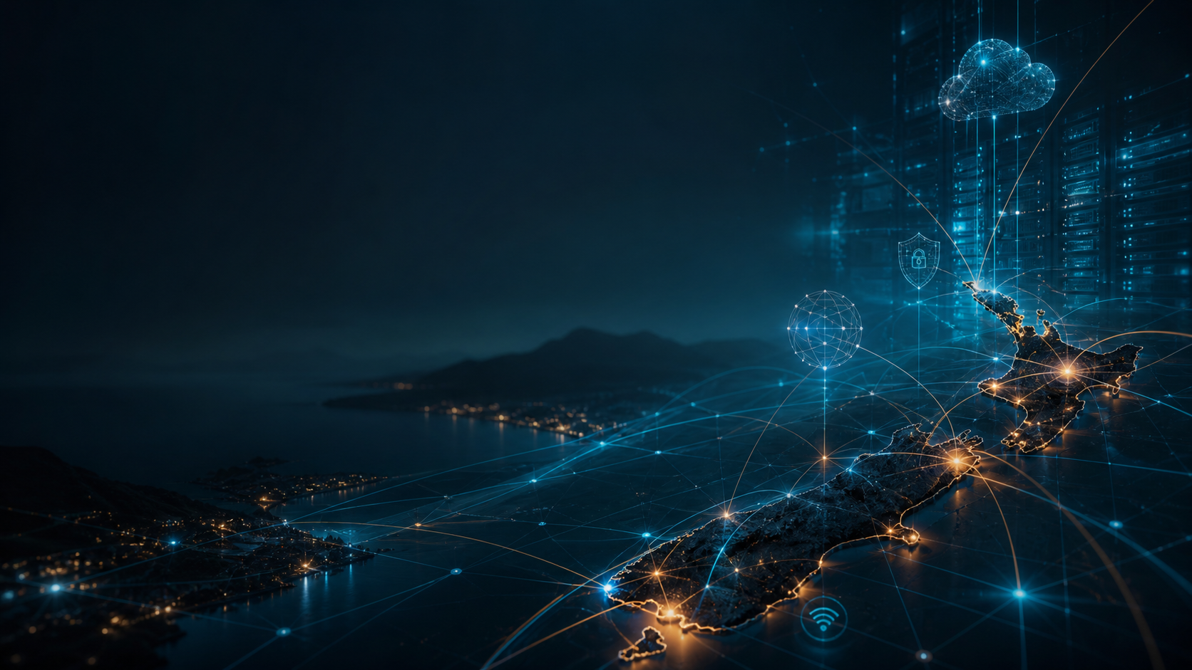 A high-tech network map of New Zealand with glowing data paths